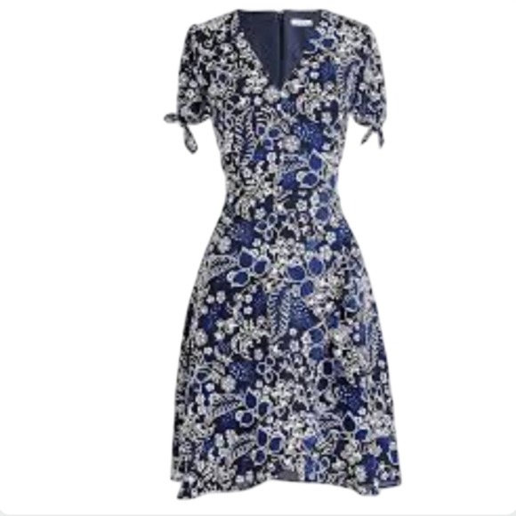 J.Crew Navy Blue Floral Faux Wrap Dress Size 0 V-Neck Mini Summer - Picture 1 of 13